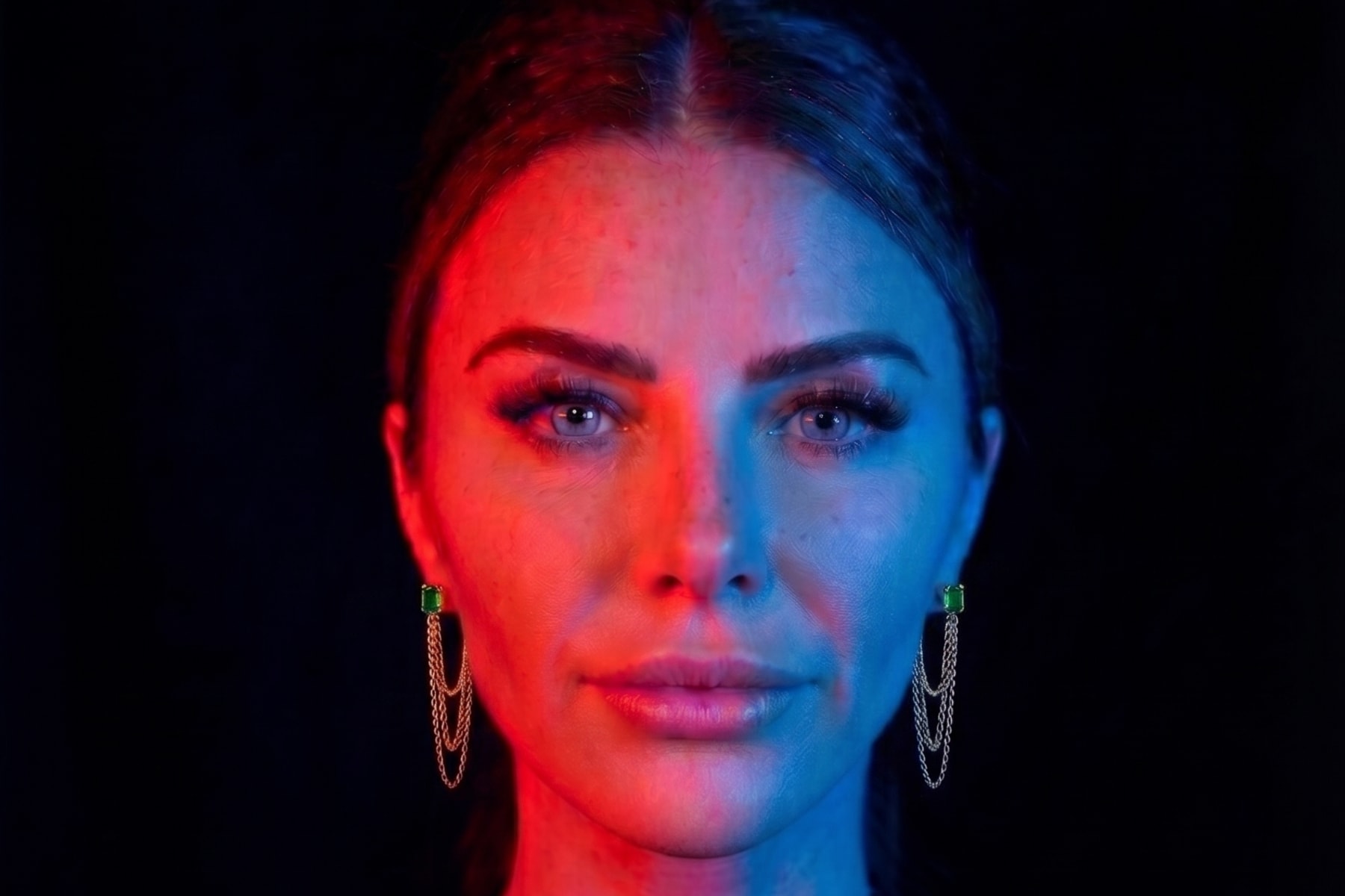 Ashley, lit in red and blue